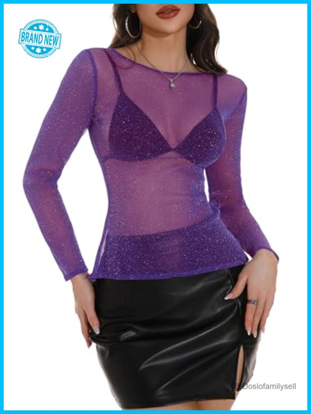 Sheer Mesh Long Sleeve Layering Top Sparkly See Through Blouse